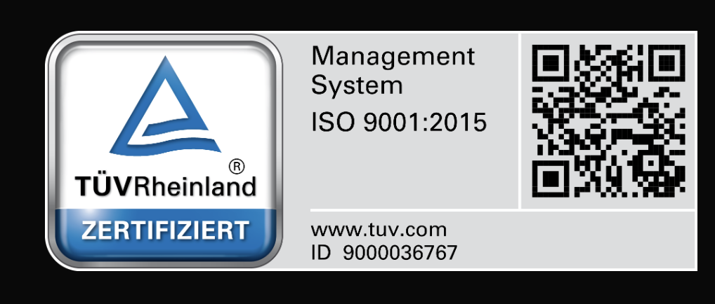 TÜV Rheinland zertifiziert · Management System ISO 9001:2015 · ID 9000036767